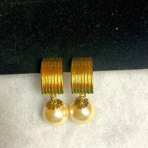 Vintage Gold Plated Ribbed Faux Pearl Drop with Designer Clip Earrings